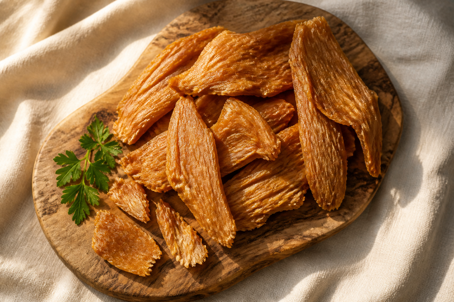 Golden Chicken Crisps, dehydrated chicken breast dog treats on a wooden board